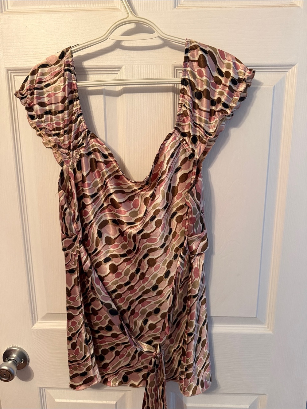 One-Shoulder Pink and Brown Patterned Satin Dress - Picture 2 of 2